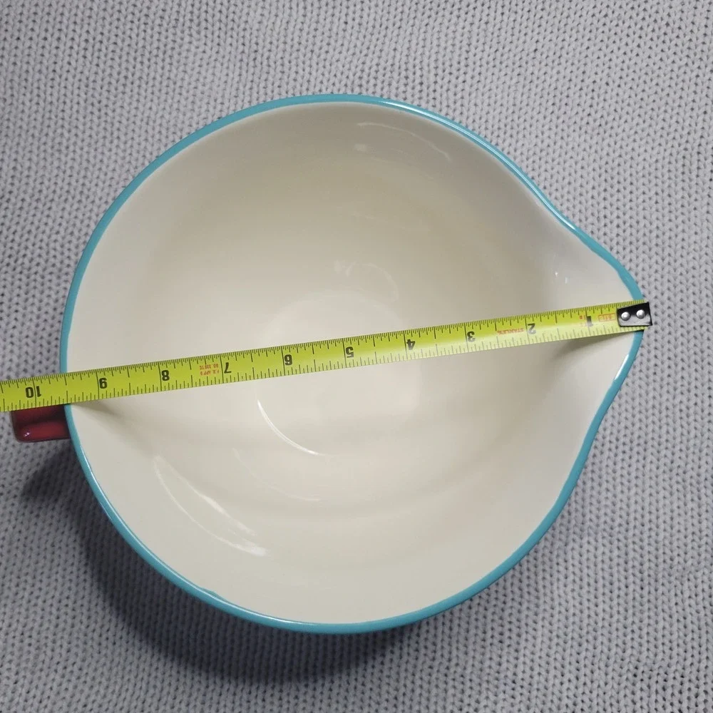 Pioneer Woman Red Polka Dot Turquoise Rim Stoneware Mixing Bowl Spout Handle
